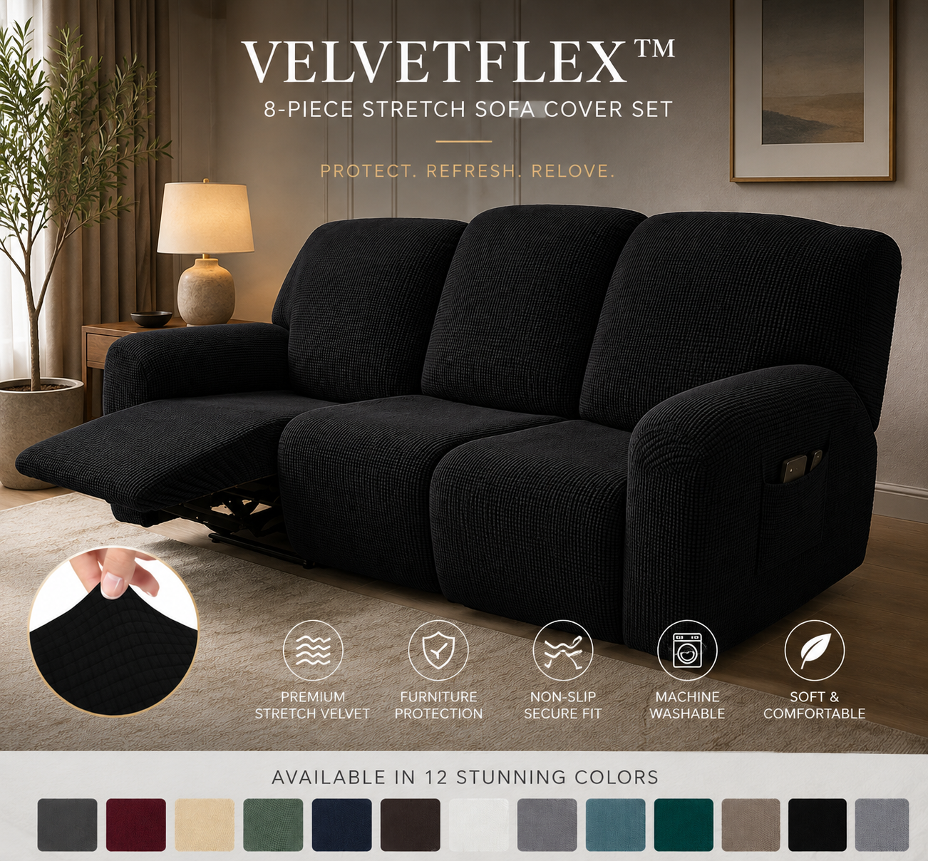 VelvetFlex™ Stretch Sofa Cover Set – 8 Pieces